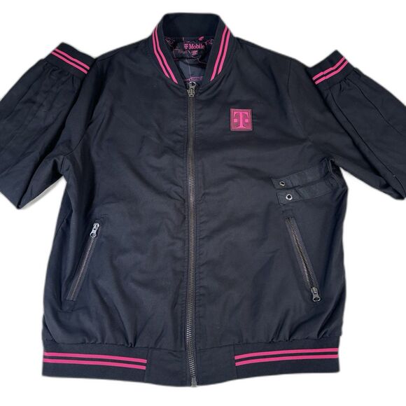 T-Mobile Women’s Bomber Jacket Sz L Black Pink Zip Pockets Employee Lining EUC - Picture 1 of 7